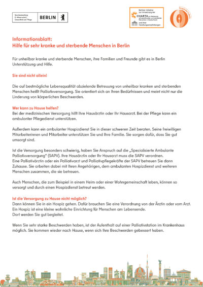 Informationsblatt zu den Angeboten der Hospiz- und Palliativversorgung in Berlin für die Bürger*innen